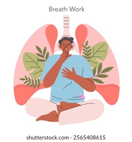 Meditation concept. Person practicing breathwork for mindfulness and stress relief, surrounded by nature elements. Vector illustration.