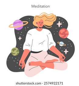 Meditation concept. Person in serene pose with cosmic background, connecting with the universe. Inner peace and mindfulness through spirituality. Vector illustration.