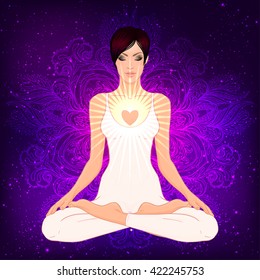 Meditation concept. Pretty yoga girl with shiny heart in lotus position over night sky background. Vector illustration. New age symbol, sharing inner love, kundalini, enlightenment, natural healing.