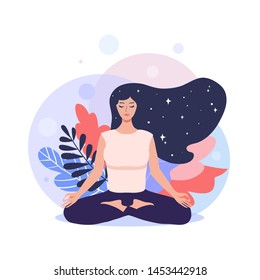 Meditation concept. Pretty yoga woman in lotus pose.  Vector illustration.