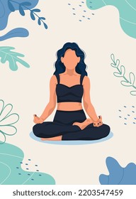 Meditation concept. Pretty yoga woman in lotus pose.  Flat cartoon vector illustration. 