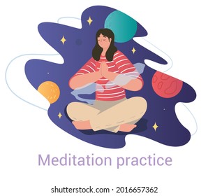 Meditation concept with serene woman in the lotus pose meditating with hands clasped in prayer, colored flat cartoon vector illustration isolated on white background with text on white