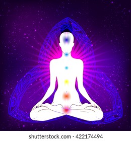 Meditation concept. Silhouette in lotus position over night sky background. Vector illustration. New age symbol, inner light, sacred geometry, kundalini, chakra, natural healing.