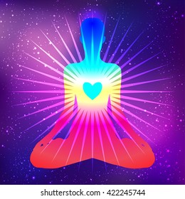 Meditation concept. Silhouette in lotus position over night sky background. Vector illustration. New age symbol, inner light, sacred geometry, kundalini, chakra, natural healing.