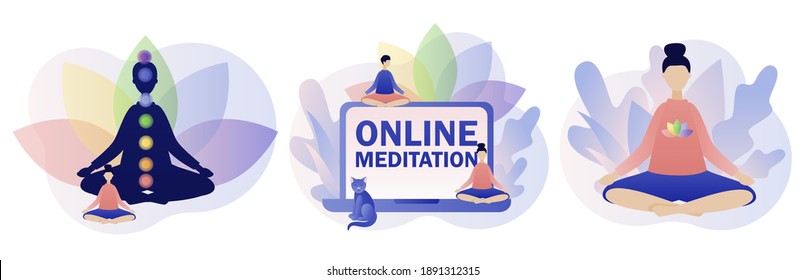 Concepto de meditación. Pequeñas personas sentadas en posición de loto. Yoga en línea, relajación, recreación, estilo de vida saludable. Coloridos 9 chakras. Estilo moderno de dibujos animados planos. Ilustración del vector sobre fondo blanco
