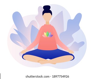 Meditation concept. Tiny woman sitting in lotus pose. Yoga online, relax, recreation, healthy lifestyle. Modern flat cartoon style. Vector illustration on white background