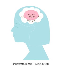 Meditation concept with woman head profile silhouette and meditating cartoon brain. Mindfulness vector illustration