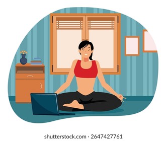Conceito de meditação. Uma mulher realizando Meditação em um ambiente interior sereno enquanto usa um laptop para orientação, mostrando foco mental e tranquilidade.