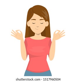Meditation concept. Yoga practice for mind and body health. Relax and peace. No stress. Isolated vector illustration in cartoon style