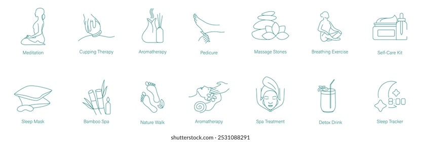 Meditation, Cupping Therapy, Aromatherapy, Pedicure, Massage Stone, Mindfulness, Breathing Exercises, Self-Care Kit, Sleeping Mat, Sleeping Mask, Bamboo Spa, Nature Walk, Spa Treatment vector icons