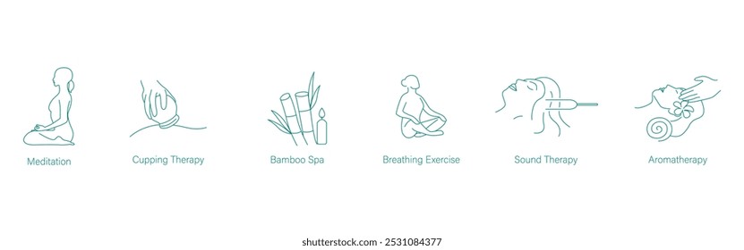 Meditation, Cupping Treatment, Bamboo Spa, Breathing Exercises, and Sound Therapy Vector Icons for Holistic Health