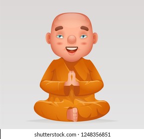 Meditation cute buddhist sitting monk traditional asian buddhism culture religion cartoon 3d realistic character design vector illustration