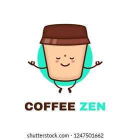 Meditation cute happy smiling coffee cup. Vector flat cartoon character illustration icon design. Isolated on white background. Coffee, meditation,zen,relax,yoga logo concept design