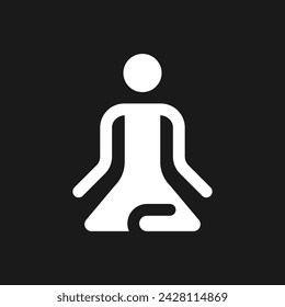 Meditation dark mode glyph ui icon. Lotus position. Calmness and harmony. User interface design. White silhouette symbol on black space. Solid pictogram for web, mobile. Vector isolated illustration