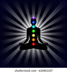 Meditation design concept. Silhouette in lotus position with seven chakras over night sky background with rays of lights. Vector illustration.