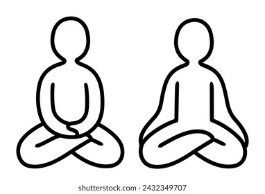 Meditation doodle icon. Simple hand drawn figure sitting cross legged with hands on knees and in lap. Line art vector illustration, minimal Zen drawing.