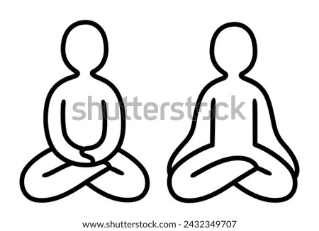 Meditation doodle icon. Simple hand drawn figure sitting cross legged with hands on knees and in lap. Line art vector illustration, minimal Zen drawing.