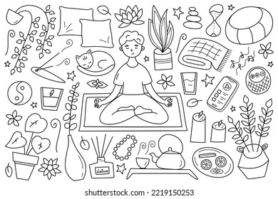 Meditation doodle icons, collection of pillows, candles, home fragrance, boy meditating in lotus pose, mindfulness practice vector illustration, isolated outline clipart on white background