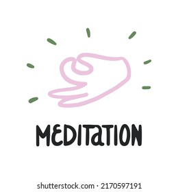 Meditation doodle image of hand with mudra. Cute vector image for poster, icon.