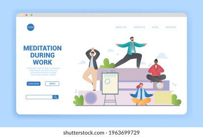 Meditation during work concept with group of diverse multiracial people meditating in different poses in office. Flat cartoon vector illustration. Website, web page, landing page template