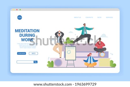 Meditation during work concept with group of diverse multiracial people meditating in different poses in office. Flat cartoon vector illustration. Website, web page, landing page template