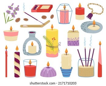 Meditation elements and candles. Candle clipart, home aromatherapy for relax. Aroma stick, yoga relaxation tools. Cozy lifestyle decent vector collection