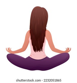 Meditation female character sitting in lotus pose, back view in cartoon style isolated on white background.