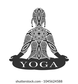 Meditation female silhouette with lace effect. Yoga studio logo vector illustration