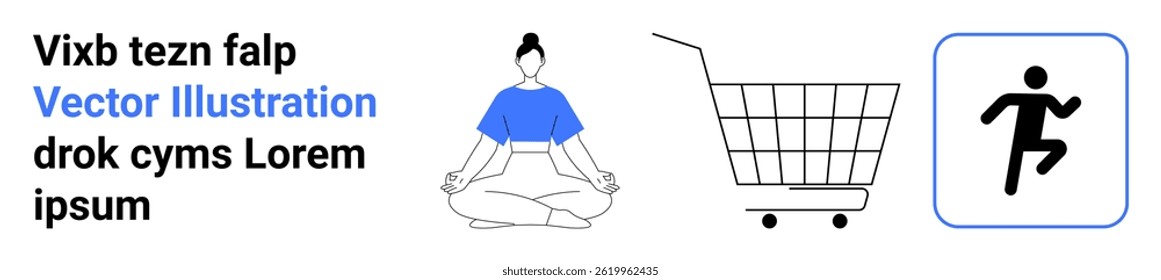 Figura de meditação, ícone do carrinho de compras e símbolo de corrida capturando bem-estar, e-commerce, fitness, atenção, compras digitais, estilo de vida ativo e equilíbrio. Ideal para blogs de bem-estar, e-commerce