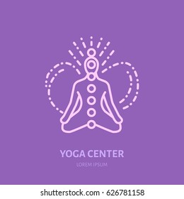 Meditation flat line icon, logo. Vector illustration of men in asana with chakra energy for yoga studio.