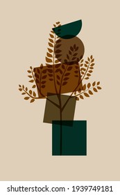 Meditation flat. Poster geometric shapes minimalist style overlay, plant tree. Vector illustration. Abstract rocks background. Stacked pebbles color drawing. Cool print tshirt design. Balance zen