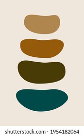 Meditation flat. Poster with ovale stones minimalist style overlay. Vector illustration. Abstract shape rocks background. Stacked pebbles color drawing. Cool print tshirt design. Balance zen concept