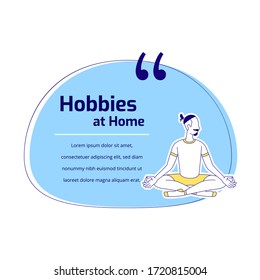 Meditation flat silhouette vector character quote. Man doing yoga. Hobbies at home. Citation blank frame template. Speech bubble on white background. Quotation empty text box design