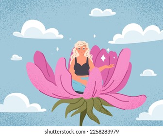 Meditation in flower. Woman sits in lotus position in large purple plant. Yoga, concentration and awareness. Active lifestyle and sports, fitness. Inner peace. Cartoon flat vector illustration