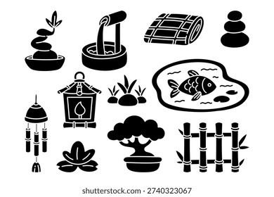 Meditation garden solid icon set. Japanese spa and zen garden silhouette elements. Bonsai, bamboo fence, koi pond, lantern, stones, fountain, wind chime. Vector illustration