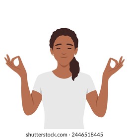 Meditation and getting harmony concept. Relaxed woman with eyes closed standing meditating and getting balance with mind and body. Flat vector illustration isolated on white background