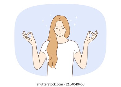 Meditation and getting harmony concept. Young relaxed woman with eyes closed standing meditating and getting balance with mind and body vector illustration 