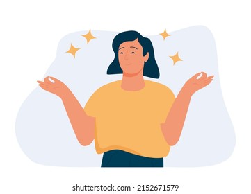 Meditation and getting harmony concept. Young relaxed woman with eyes closed standing meditating and getting balance with mind and body vector illustration