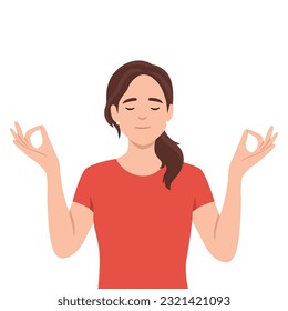 Meditation and getting harmony concept. Young relaxed woman with eyes closed standing meditating and getting balance with mind and body. Flat vector illustration isolated on white background