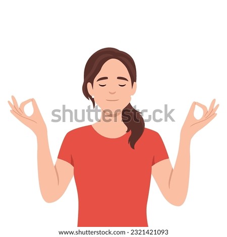 Meditation and getting harmony concept. Young relaxed woman with eyes closed standing meditating and getting balance with mind and body. Flat vector illustration isolated on white background