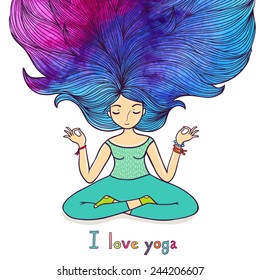 Meditation girl with blue hair.