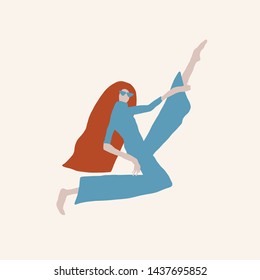 Meditation girl with long red hair, fashion turquoise jumpsuit. Trendy flat creative style. Female cartoon character. Woman engaged in charging