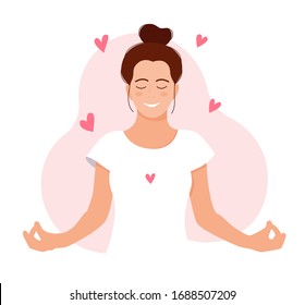 MEDITATION. GIRL MEDITATES. RELAX. Love yourself. Mental health concept. Healthcare. Inner harmony with yourself. Take time for your self. Vector illustration. Woman meditating on white background
