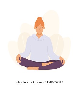 MEDITATION. GIRL MEDITATES. TO RELAX. Love yourself. Mental health concept. Relaxed woman meditating in nature
