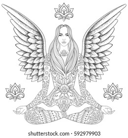 Meditation Girl With Wings Sitting In Lotus Pose.  Vector Ornate Boho Woman With Lotus-flower For Adult Coloring Pages, Yoga Studio Symbol, Gypsy Soul, Hand Drawn Ethnic Motif