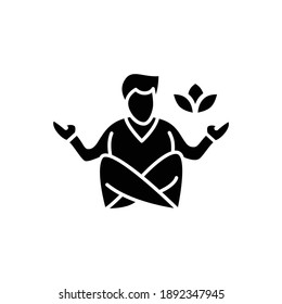 Icono de glifo de meditación. El hombre sentado en loto posa una señal plana llena. Ejercicio de yoga y práctica de relajación en mente, concepto de manejo de atención. Ilustración vectorial de silueta aislada