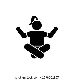 Meditation glyph icon. Yoga practice. Relaxation and rest. Spirituality and tranquility. Lotus position. Wellbeing and wellness. Silhouette symbol. Negative space. Vector isolated illustration