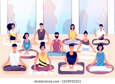 Meditation group. People sit in lotus posture and meditate against panoramic window. Business meditation, team building vector concept