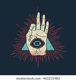 Meditation hand gesture symbol with abstract triangle. Vector pyramid sign / logo / label / tattoo