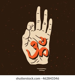 Meditation hand gesture symbol with Om sign. Vector logo / label / tattoo